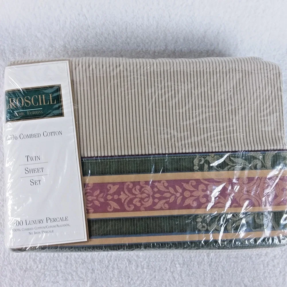Croscill Dunhill Twin‎ Sheet Set 200 Luxury Percale USA Green Gold Burgundy NOS